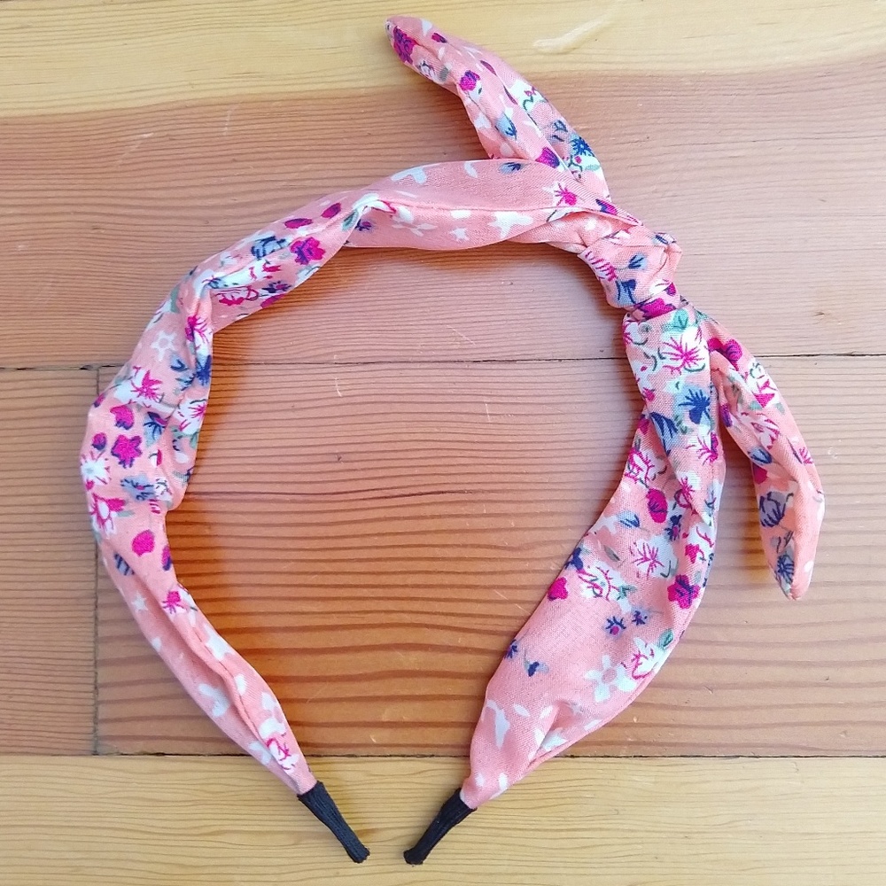 Pink peach flower pattern headband ears blue white